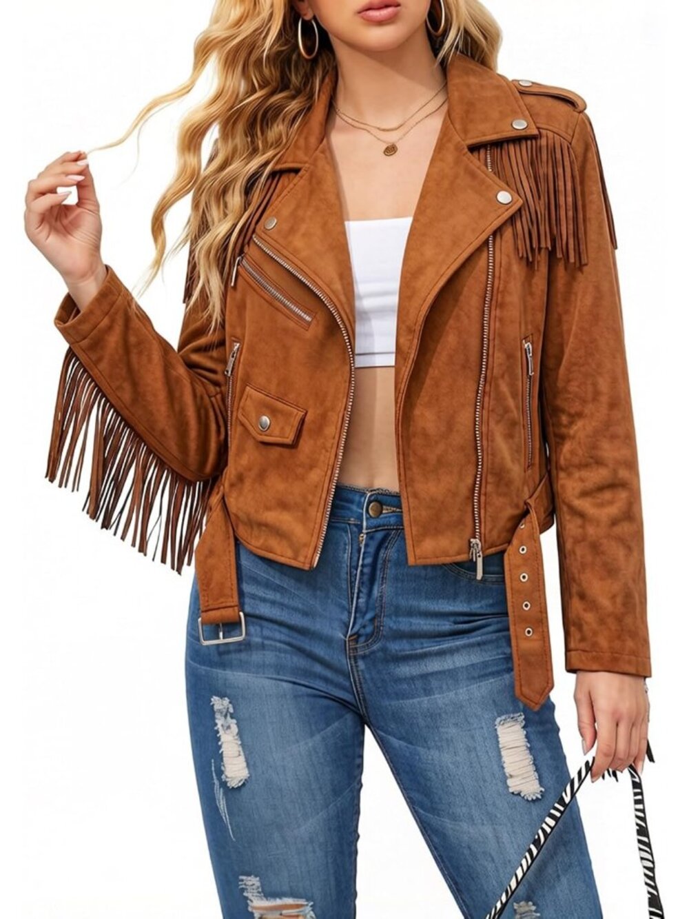 Women's Brown Faux Suede Tassel Jackets With Lining Cropped Fringe Coats Outfits
